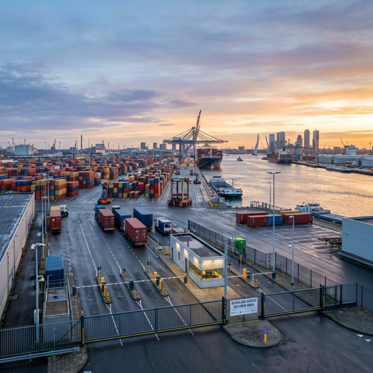 Container port with cranes, cargo stacks, ships, and sign reading "BEVEILIGD GEBIED SECURED AREA"
