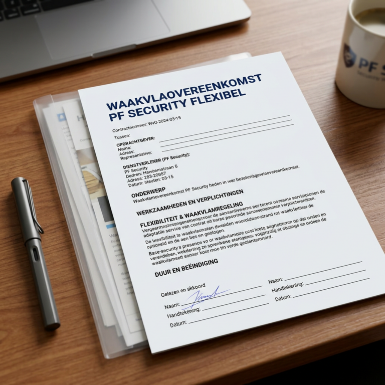 Dutch document titled "WAARVLA OVEREENKOMST PF SECURITY FLEXIBEL" with contract fields and signature lines